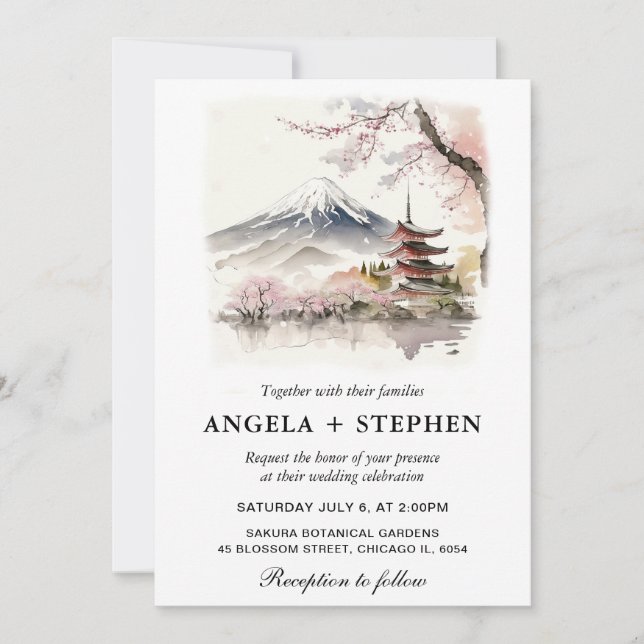 Watercolor Japanese Fuji and Pagoda Scenic Wedding Invitation (Front)