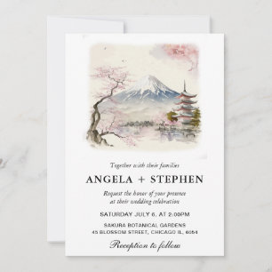 Watercolor Japanese Fuji and Pagoda Scenic Wedding Invitation