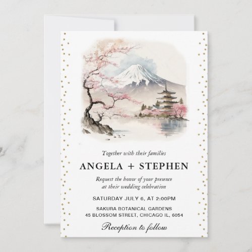 Watercolor Japanese Fuji and Pagoda Scenic Wedding Invitation