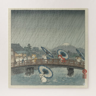 Watercolor Japanese Kittens & Rain Shower Parody Jigsaw Puzzle
