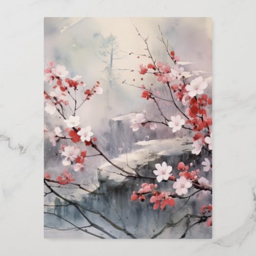 Watercolor Japanese Landscape Background Foil Holiday Postcard