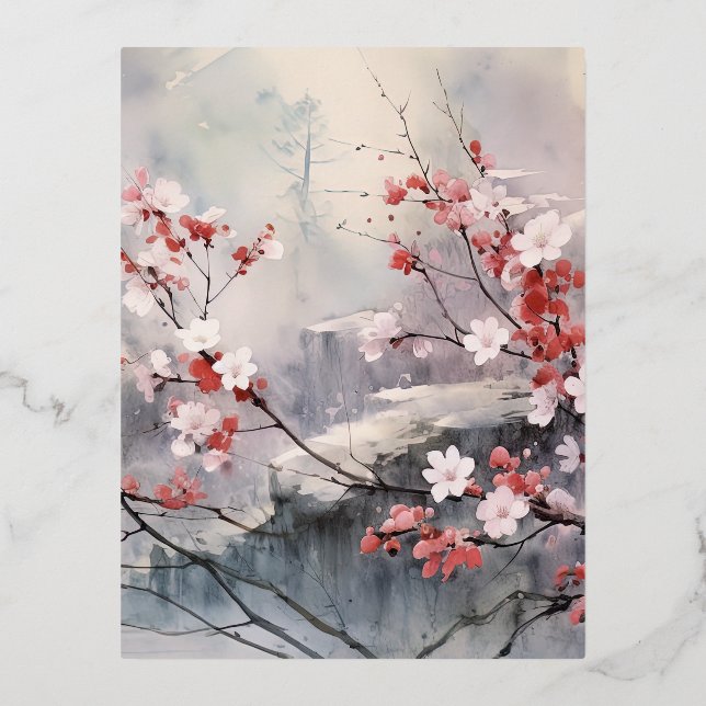 Watercolor Japanese Landscape Background Foil Holiday Postcard (Front)