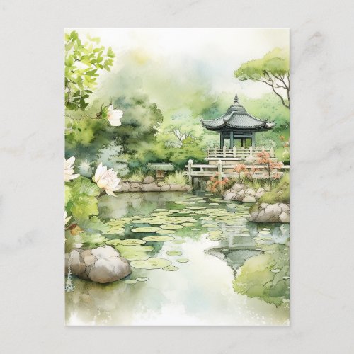 Watercolor Japanese Landscape Background Holiday Postcard