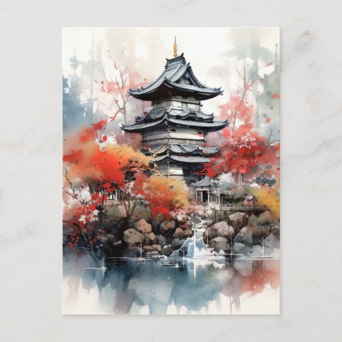 Watercolor Japanese Landscape Background Holiday Postcard