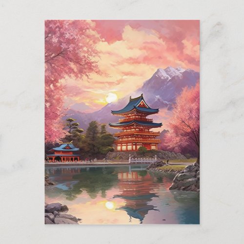 Watercolor Japanese Landscape Background Postcard