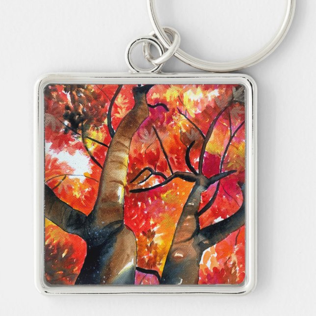 Watercolor Japanese maple tree Keychain (Front)