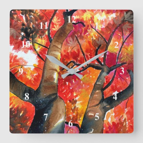 Watercolor Japanese maple tree Square Wall Clock