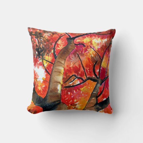 Watercolor Japanese maple tree Throw Pillow