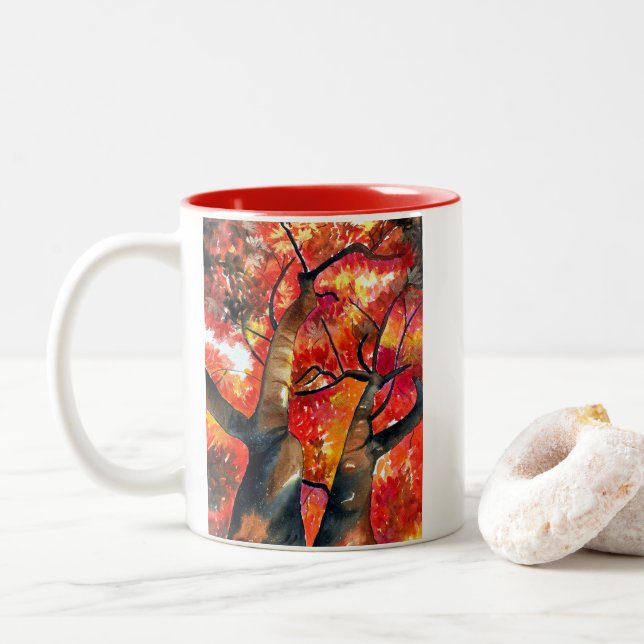 Watercolor Japanese maple tree Two-Tone Coffee Mug (With Donut)