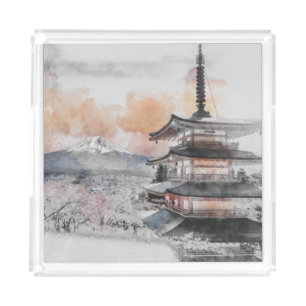 Watercolor Japanese Pagoda & Fuji Acrylic Tray