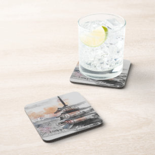 Watercolor Japanese Pagoda & Fuji Beverage Coaster