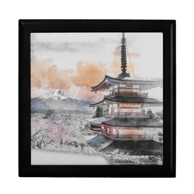 Watercolor Japanese Pagoda & Fuji  Gift Box (Front)