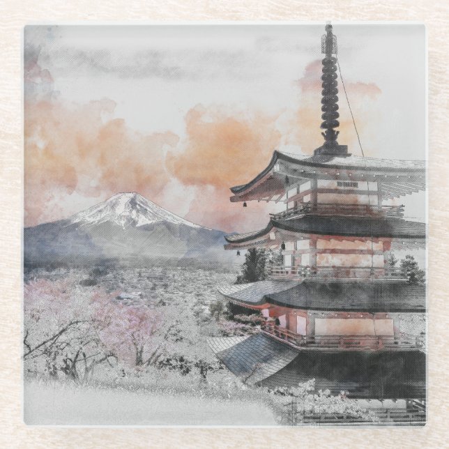 Watercolor Japanese Pagoda & Fuji  Glass Coaster (Front)