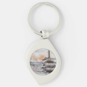 Watercolor Japanese Pagoda & Fuji Keychain