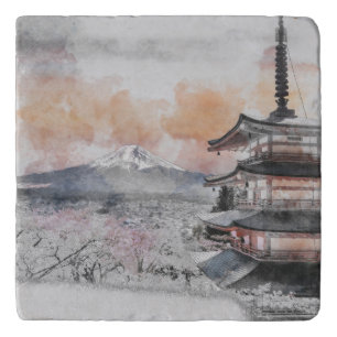 Watercolor Japanese Pagoda & Fuji Trivet