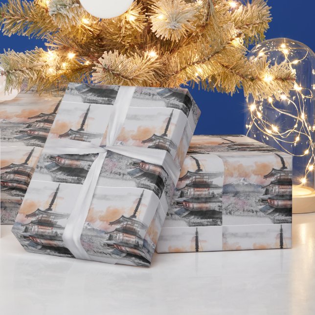 Watercolor Japanese Pagoda & Fuji  Wrapping Paper (Holidays)