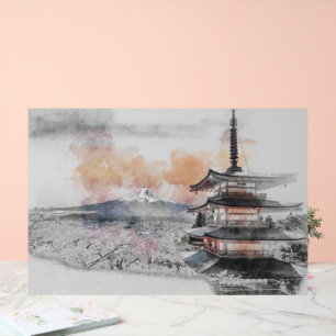 Watercolor Japanese Pagoda & Mt. Fuji Acrylic Sign