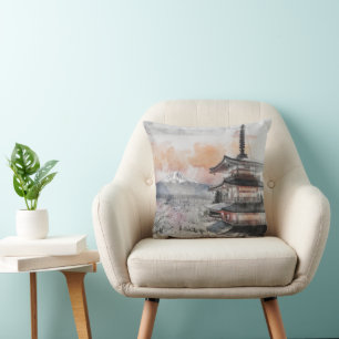 Watercolor Japanese Pagoda & Mt. Fuji Paper Plates Throw Pillow