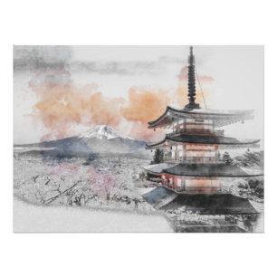 Watercolor Japanese Pagoda & Mt. Fuji Photo Print