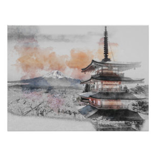Watercolor Japanese Pagoda & Mt. Fuji Poster