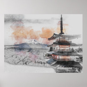 Watercolor Japanese Pagoda & Mt. Fuji Poster