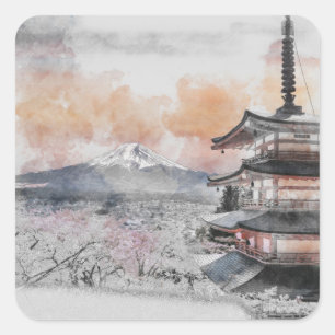 Watercolor Japanese Pagoda & Mt. Fuji Square Sticker