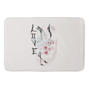 Watercolor Japanese Sakura Blossom Love Crane Bath Mat