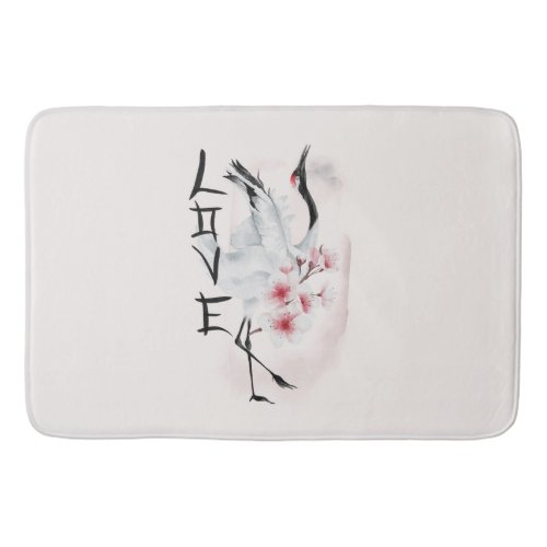  Watercolor Japanese Sakura Blossom Love Crane Bath Mat