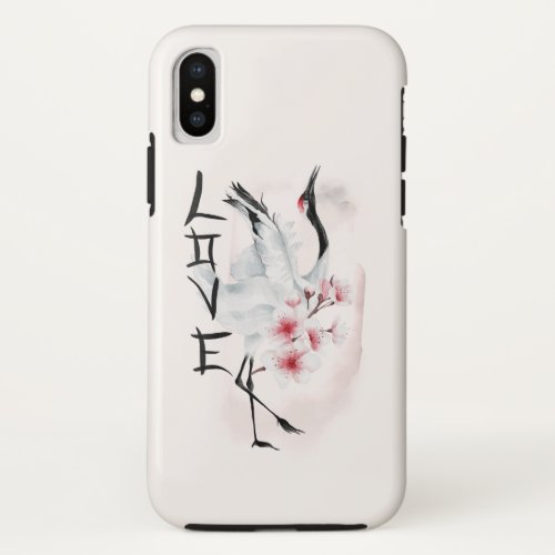  Watercolor Japanese Sakura Blossom Love Crane iPhone X Case