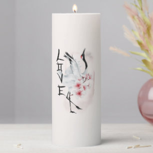 Watercolor Japanese Sakura Blossom Love Crane Pillar Candle