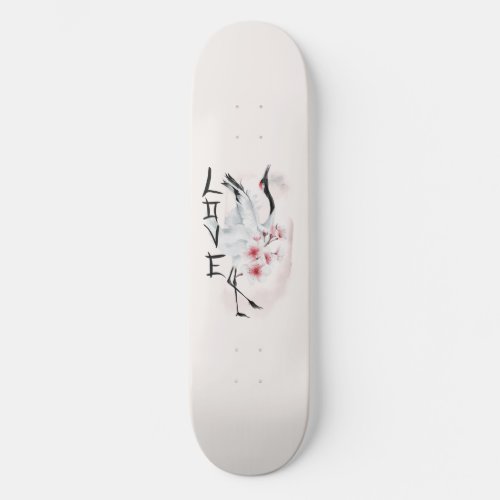 Watercolor Japanese Sakura Blossom Love Crane Skateboard