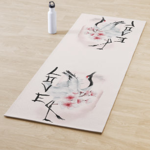 Watercolor Japanese Sakura Blossom Love Crane Yoga Mat
