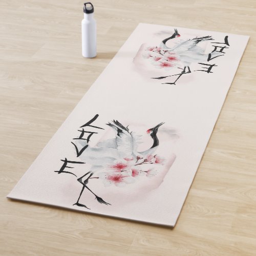 Watercolor Japanese Sakura Blossom Love Crane  Yoga Mat