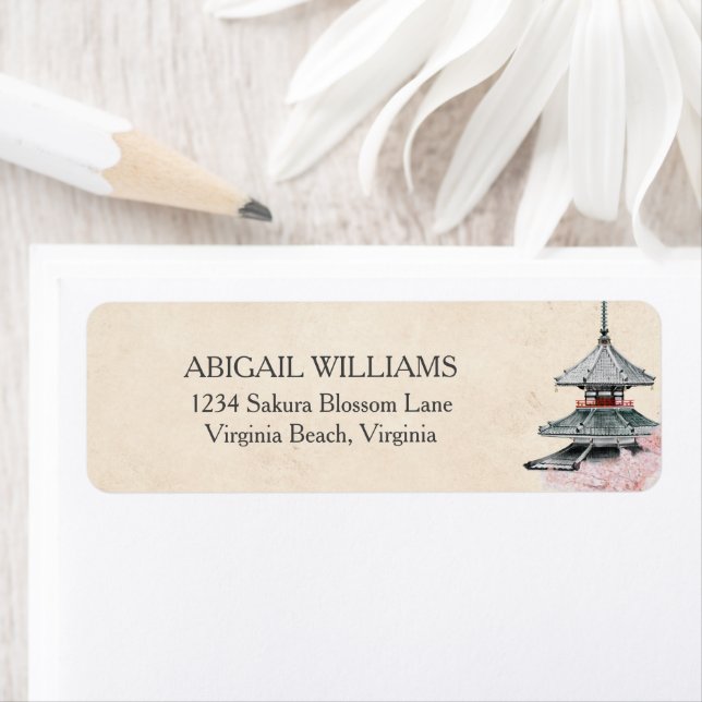 Watercolor Japanese Temple Cherry Blossoms  Label (Insitu)