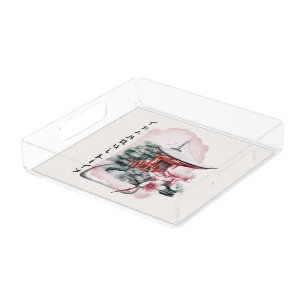 Watercolor Japanese Temple Sakura Blossom Acrylic Tray
