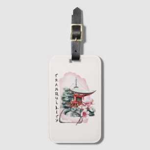 Watercolor Japanese Temple Sakura Blossom Luggage Tag