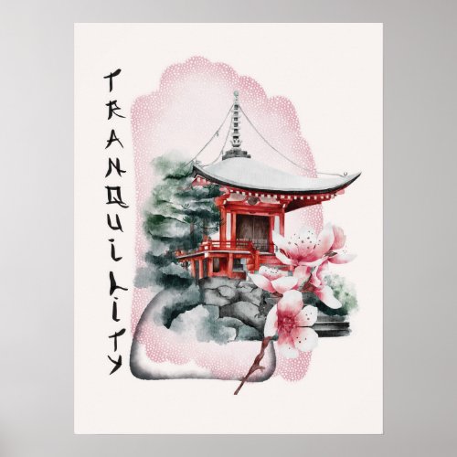 Watercolor Japanese Temple Sakura Blossom Poster