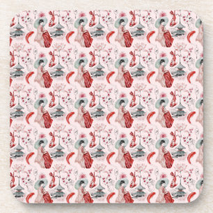 Watercolor Japanese woman Pagoda Lotus Koi Fish Beverage Coaster