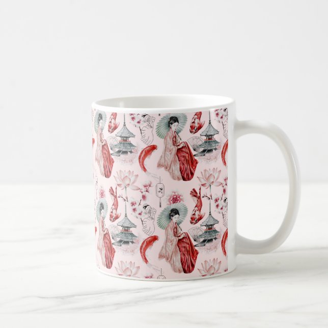 Watercolor Japanese woman Pagoda Lotus Koi Fish Coffee Mug (Right)