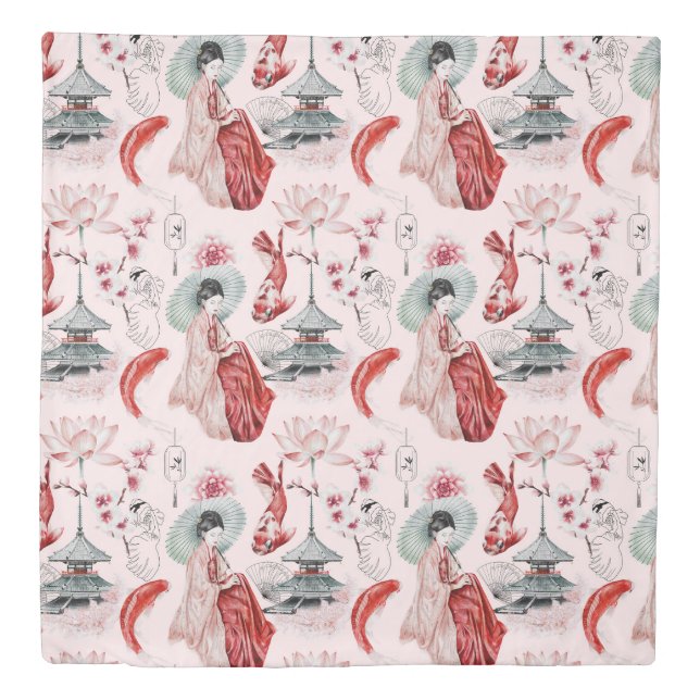 Watercolor Japanese woman Pagoda Lotus Koi Fish Duvet Cover (Front)