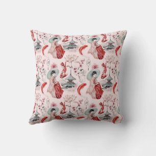 Watercolor Japanese woman Pagoda Lotus Koi Fish Throw Pillow