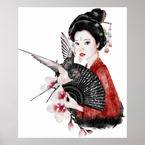 Watercolor Japanese Woman Sparrow Hand fan Art Poster