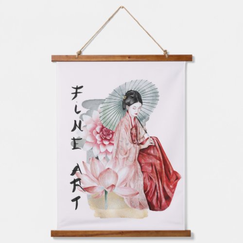 Watercolor Japanese Woman Umbrella Lotus Fine Art Hanging Tapestry