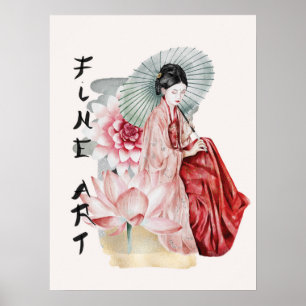 Watercolor Japanese Woman Umbrella Lotus Fine Art Poster
