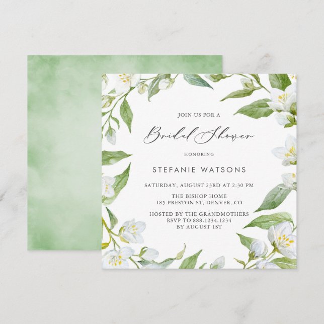 Watercolor Jasmine and Greenery Bridal Shower Invitation (Front/Back)