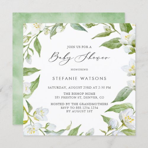 Watercolor Jasmine and Greenery Floral Baby Shower Invitation