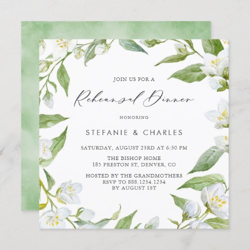 Watercolor Jasmine and Greenery Rehearsal Dinner Invitation