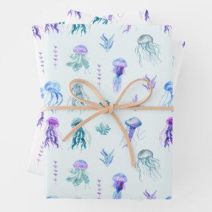 Watercolor Jellyfish and Seaweed Wrapping Paper Sheets