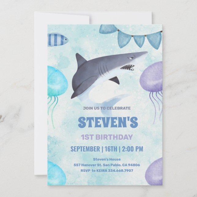 watercolor Jellyfish and shark 1st birthday  Invitation (Front)