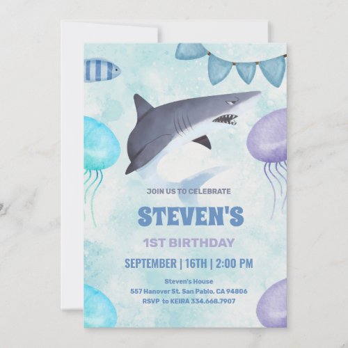 watercolor Jellyfish and shark 1st birthday  Invitation